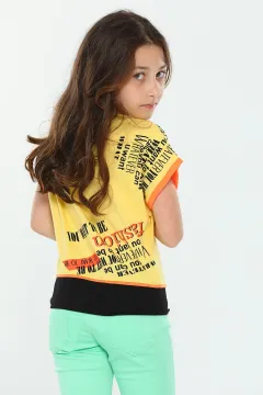 Kız Çocuk Likralı Bisiklet Yaka Kol Detaylı Baskılı T-shirt Sarı