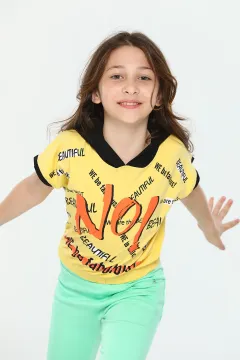 Kız Çocuk Likralı Kapüşonlu Bel Detaylı Baskılı T-shirt Sarı