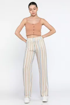 Şerit Desenli Salaş Yazlık Kadın Yüksek Bel Pantolon Taş
