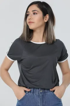 Şeritli Eteği Lastikli T-shirt Füme