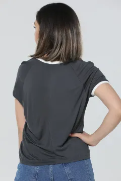 Şeritli Eteği Lastikli T-shirt Füme