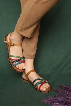 Şeritli Kemerli Kadın Sandalet Tabayeşil