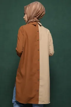 Sırt Düğme Detaylı Iki Renk Tunik Camel Vizon