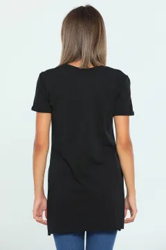 Kadın Likralı Bisiklet Yaka Yırtmaçlı Uzun T-shirt Siyah