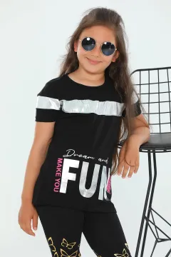 Bisiklet Yaka Likralı Kız Çocuk T-shirt Siyah