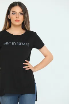 Kadın Likralı Bisiklet Yaka Break Up Baskılı T-shirt Siyah