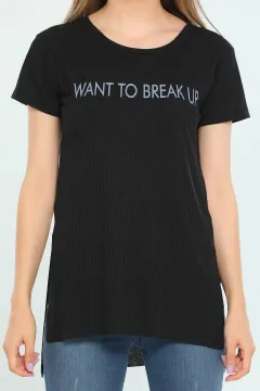 Kadın Likralı Bisiklet Yaka Break Up Baskılı T-shirt Siyah