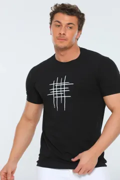 Erkek Full Likralı Bisiklet Yaka Baskılı T-shirt Siyah