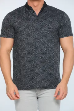 Erkek Likralı Polo Yaka Desenli T-shirt Siyah