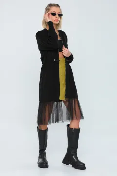 Kadın Lıkralı Fermuarlı Uzun Triko Hırka Siyah