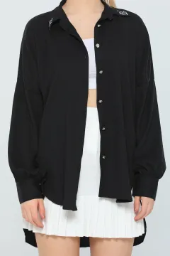 Kadın Arkası Uzun Yaka Taş Detaylı Salaş Tunik Gömlek Siyah