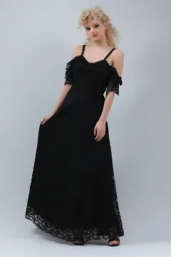 Kadın Askılı Güpürlü Yaka Kol Fırfırlı Büyük Beden Abiye Elbise Siyah