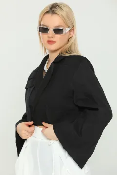 Kadın Beli Bağcıklı Sırt Detaylı Crop Gabardin Ceket Siyah