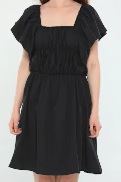 Kadın Kare Yaka Kol Volanlı Yazlık Mini Elbise Siyah