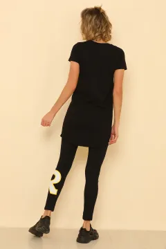 Kadın Likralı Bisiklet Yaka Uzun T-shirt Tayt İkili Takım Siyah