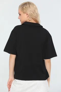 Kadın Likralı Polo Yaka Salaş Bluz Siyah