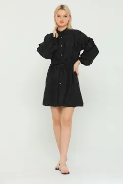 Kadın Oversize Bel Kol Bağlamalı Mini Elbise Siyah