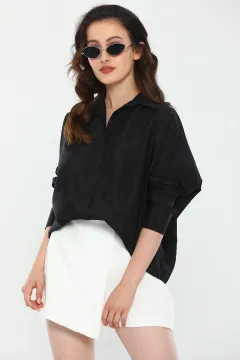 Kadın Oversize Uzun Kollu Ayrobin Gömlek Siyah