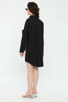 Kadın Oversize Uzun Kollu Renk Bloklu Gömlek Siyah