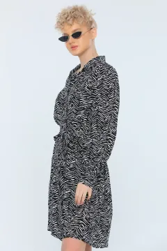 Kadın Uzun Kollu Desenli Tunik Elbise Siyah
