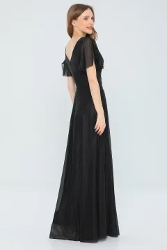 Kadın Yaka Tül Dekolteli Kol Volanlı Astarlı Işıltılı Uzun Abiye Elbise Siyah