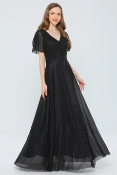Kadın Yaka Tül Dekolteli Kol Volanlı Astarlı Işıltılı Uzun Abiye Elbise Siyah