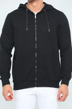 Erkek Kapüşonlu Fermuarlı Basıc Sweatshirt Siyah
