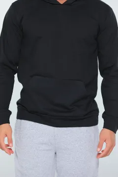 Erkek Kapüşonlu Kanguru Cep Basic Sweatshirt Siyah