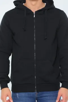 Erkek Kapüşonlu Fermuarlı Basic Sweatshirt Siyah