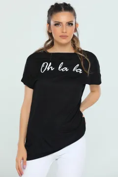Kadın Likralı Baskılı Salaş T-shirt Siyah