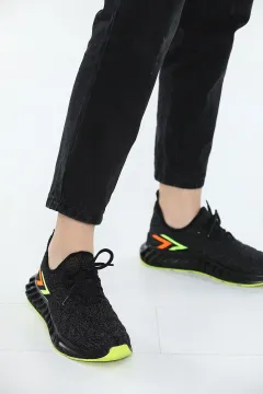 Kadın Bağcıklı Lafonten Triko Mevsimlik Günlük Spor Ayakkabı Siyah Neon Sarı