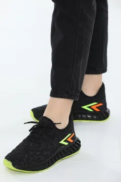 Kadın Bağcıklı Lafonten Triko Mevsimlik Günlük Spor Ayakkabı Siyah Neon Sarı