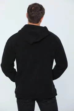 Erkek Likralı Sevgili Kombini Kapüşonlu Polar Sweatshirt Siyah