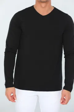 Erkek Likralı V Yaka Uzun Kollu Basic Body Sweatshirt Siyah