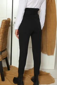 Kadın Yüksek Bel Kemerli Tesettür Kumaş Pantolon Siyah