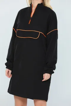 Kadın Oversıze Fermuarlı Yan Yırtmaçlı Şeritlı Uzun Sweatshirt Siyahorange