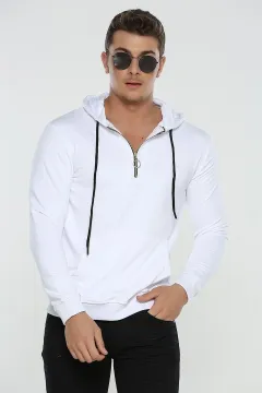 Kapüşonlu Fermuarlı Erkek Sweatshirt Beyaz