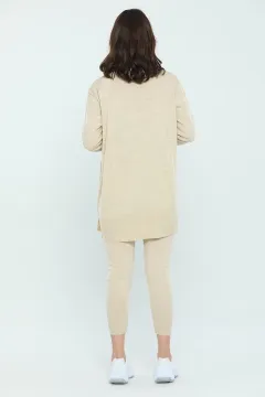 Kadın Likralı Pantolon Hırka Bluz Kombinli Üçlü Triko Takım Taş