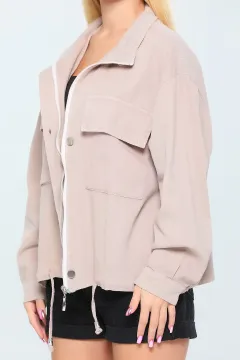 Kadın Cepli Fermuarlı Bel Bağcıklı Kısa Ceket Taş