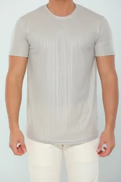 Erkek Likralı Bisiklet Yaka Parlak Fashion T-shirt Taş