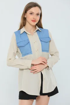 Kadın Kot Cep Detaylı Gömlek Taş