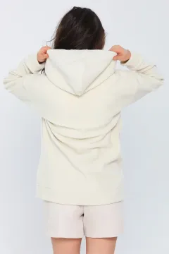 Kadın Sevgili Kombini Kapüşonlu Fermuarlı Polar Sweatshirt Taş