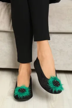 Taşlı Pisi Pisi Kadın Ev Ayakkabısı Siyah K.yeşil