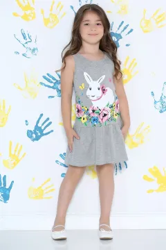 Tavşan Baskılı Kız Çocuk Elbise (2-6 Yaş) Gri