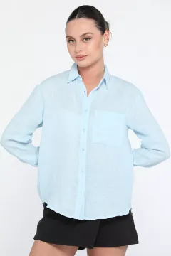 Tek Cepli Uzun Kol Kadın Yazlık Gömlek Mavi