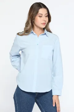 Tek Cepli Uzun Kollu Kadın Basic Gömlek Mavi