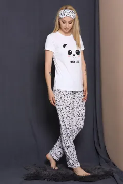 Uyku Bantlı Desenli Pijama Takımı Beyaz