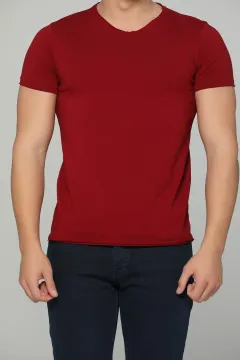 V Yaka Basic Erkek T-shirt Bordo