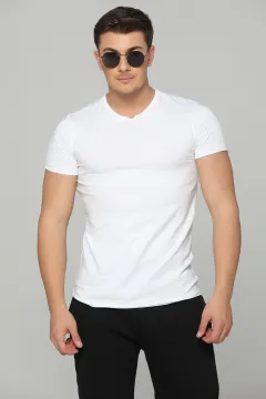 V Yaka Basic Erkek T-shirt Beyaz