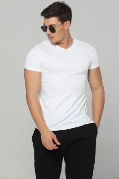 V Yaka Basic Erkek T-shirt Beyaz